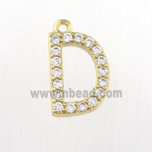 copper pendant paved zircon, letter D, gold plated