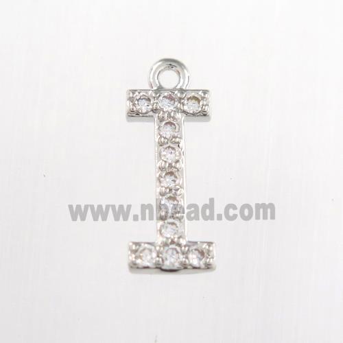 copper pendant paved zircon, letter I, platinum plated