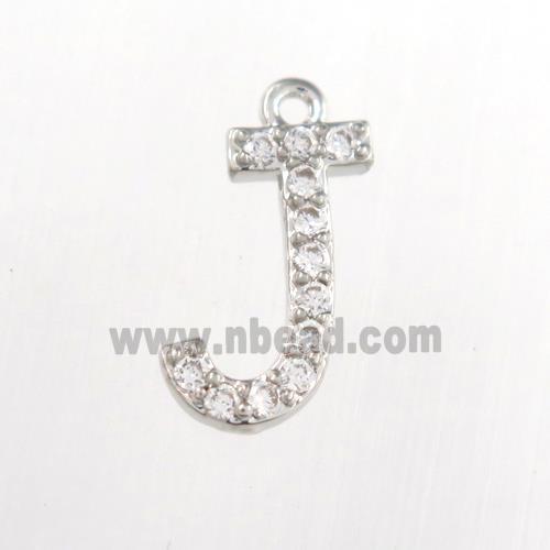 copper pendant paved zircon, letter J, platinum plated
