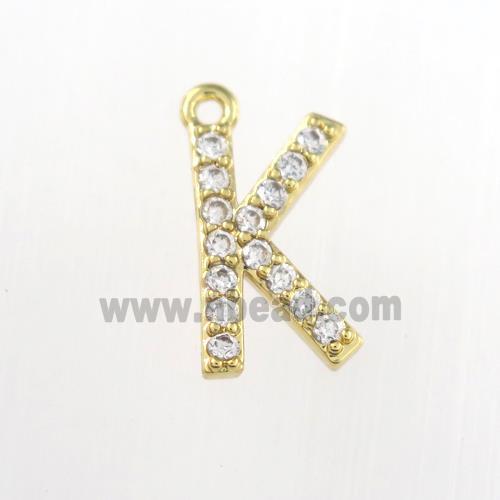 copper pendant paved zircon, letter K, gold plated