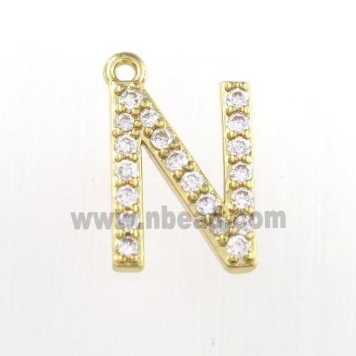 copper pendant paved zircon, letter N, gold plated