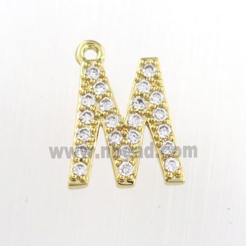 copper pendant paved zircon, letter M, gold plated