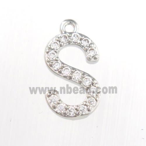 copper pendant paved zircon, letter S, platinum plated
