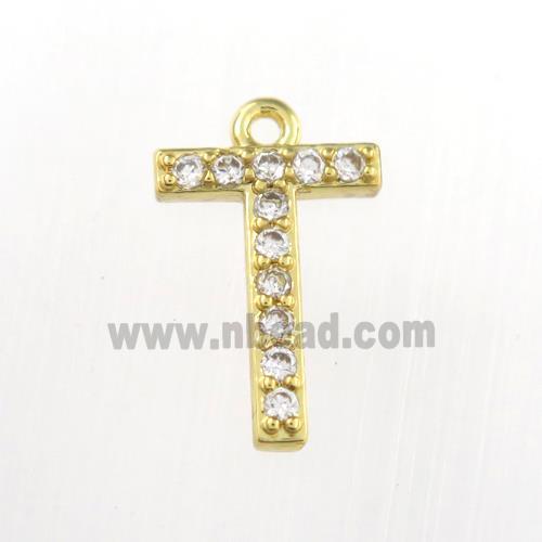 copper pendant paved zircon, letter T, gold plated