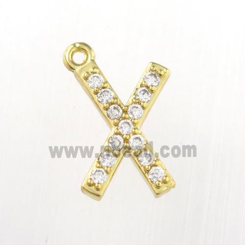 copper pendant paved zircon, letter X, gold plated