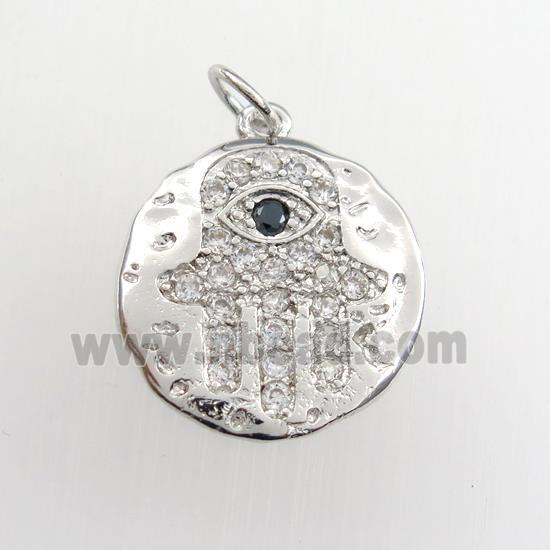 copper circle pendant paved zircon with hamsahand, hammered, platinum plated