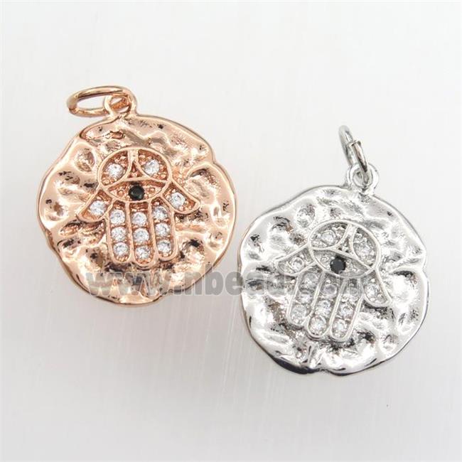 copper circle pendant paved zircon with hamsahand, hammered, mix color