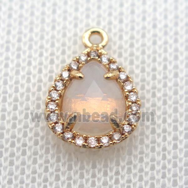 copper teardrop pendant pave zircon with opalite crystal glass, gold plated