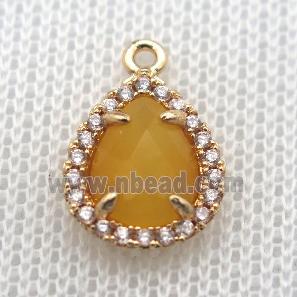 copper teardrop pendant pave zircon with yellow crystal glass, gold plated