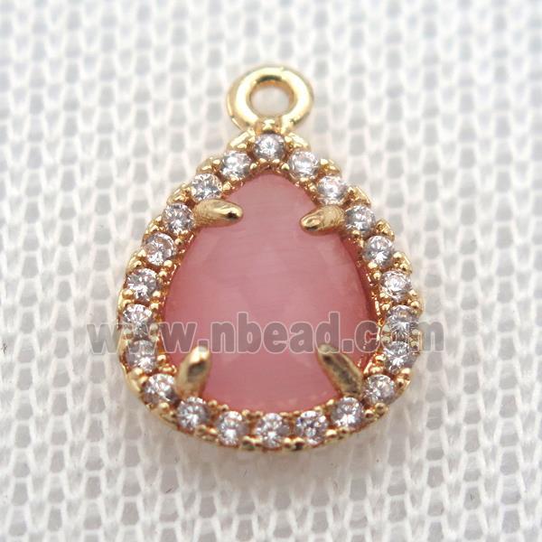 copper teardrop pendant pave zircon with pink crystal glass, gold plated