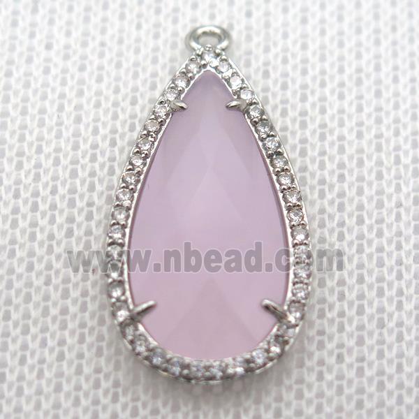 copper teardrop pendant pave zircon with pink crystal glass, platinum plated