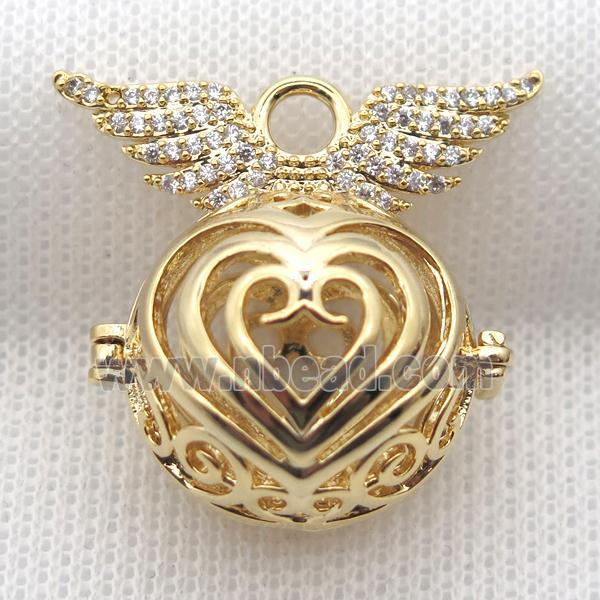 copper locket pendant pave zircon with angel wing, gold plated