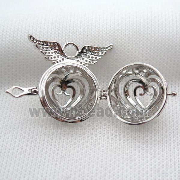 copper locket pendant pave zircon with angel wing, platinum plated