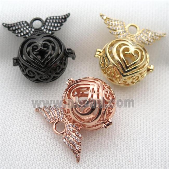 copper locket pendant pave zircon with angel wing, mix color