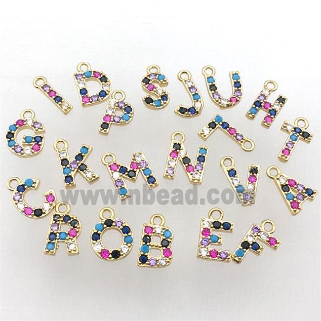 copper Letter charm Pendant pave zircon, gold plated, mix color