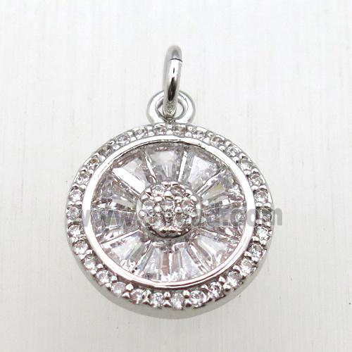 copper circle pendant pave zircon, platinum plated