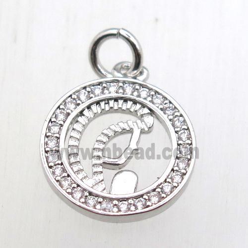 copper circle pendant pave zircon, platinum plated