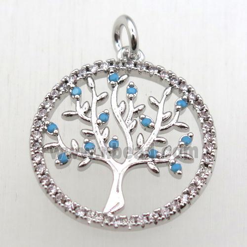 copper pendant pave zircon, tree of life, platinum plated