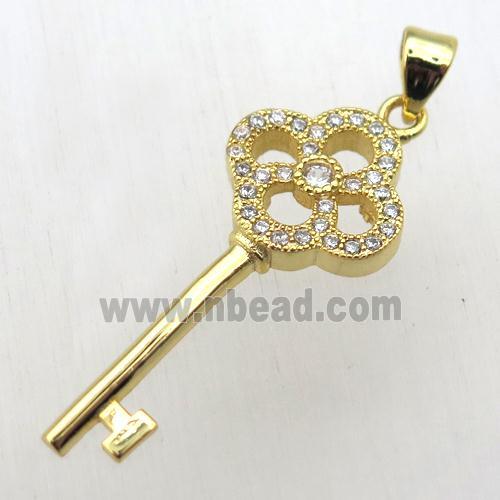 copper key charm pendant pave zircon, gold plated