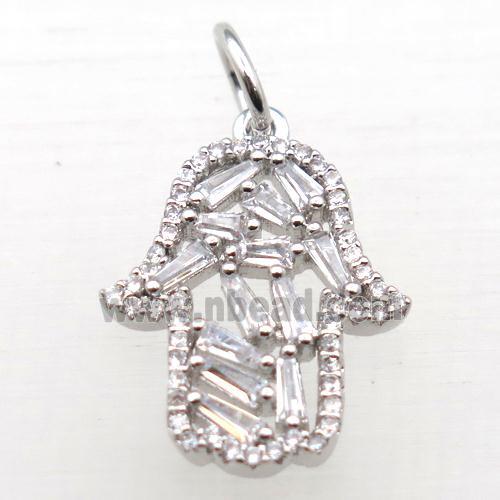copper hamsahand pendant pave zircon, platinum plated