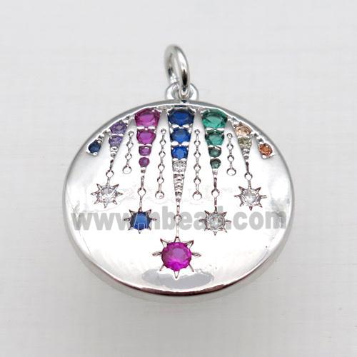 copper circle pendant pave zircon, platinum plated