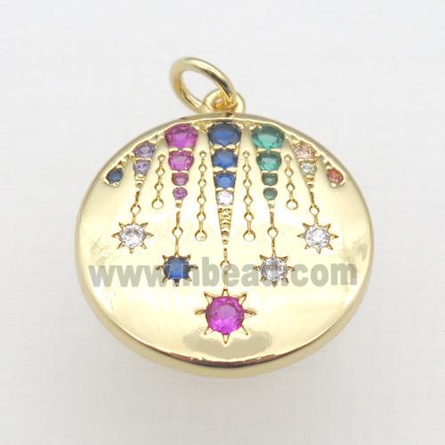 copper circle pendant pave zircon, gold plated