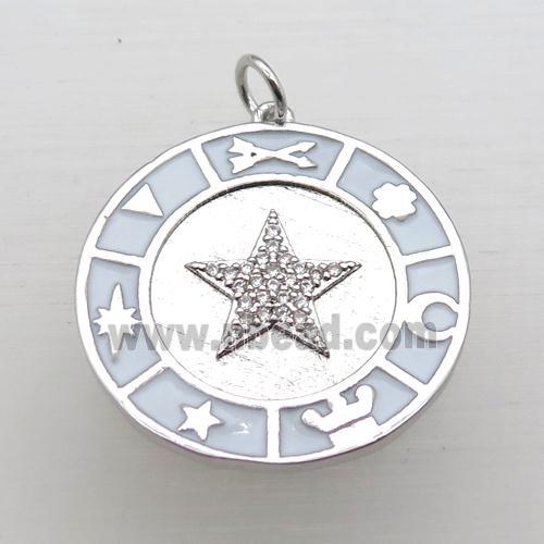 copper circle pendant pave zircon with Enameling, platinum plated