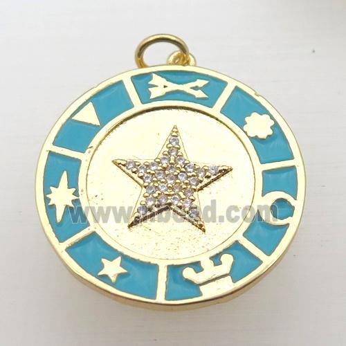 copper circle pendant pave zircon with Enameling, gold plated