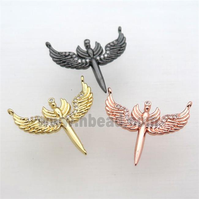 copper pendant pave zircon with 2loops, angel wing, mixed color