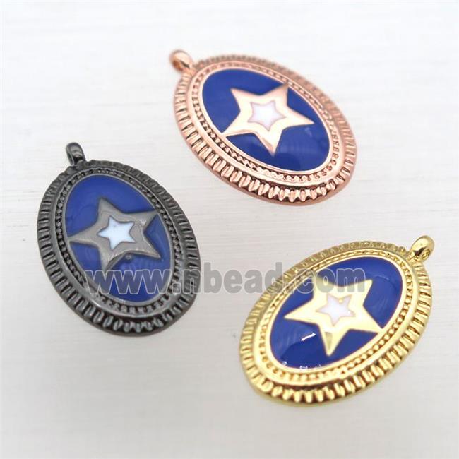 copper oval pendant with star blue enameling, mixed color