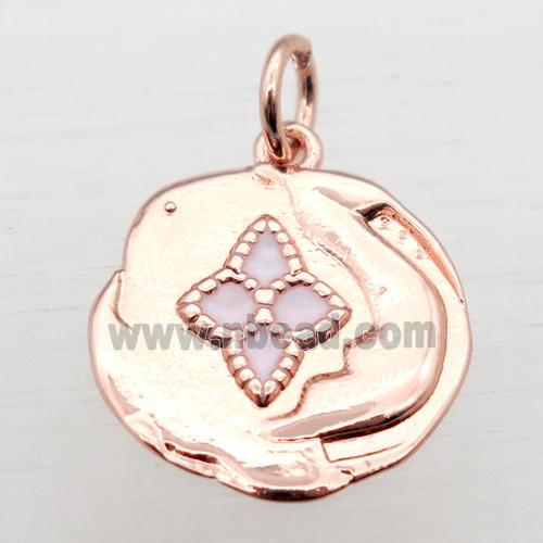 copper circle pendant with enameling, rose gold