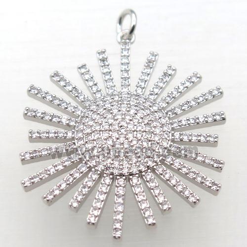 copper sun pendant pave zircon, platinum plated