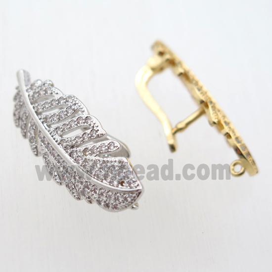copper leaf Latchback Earrings paved zircon with loop, platinum plated