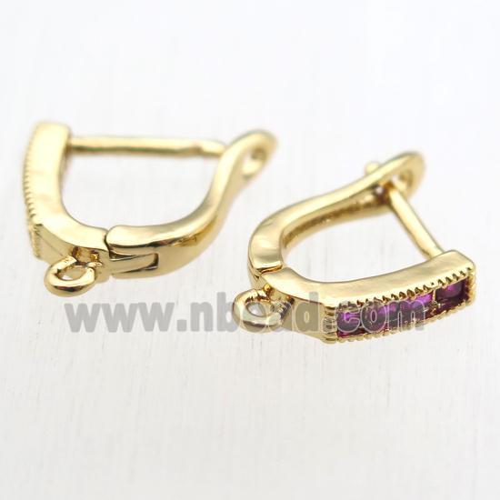 copper Latchback Earrings paved zircon with loop, gold plated