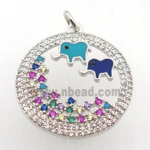 copper circle pendant pave zircon, elephant, platinum plated