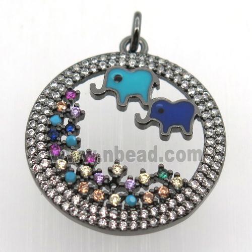 copper circle pendant pave zircon, elephant, black plated