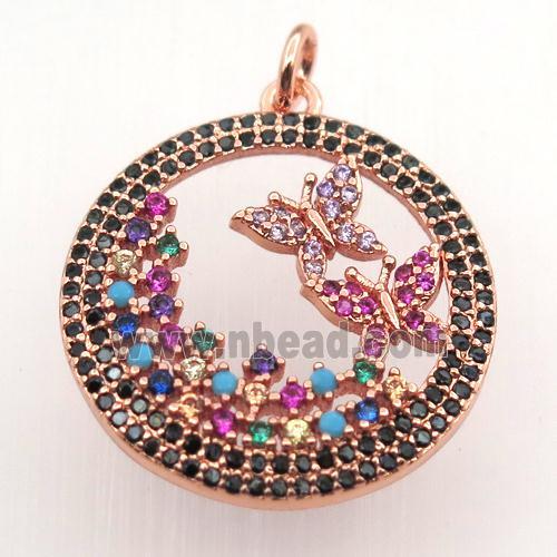 copper circle pendant pave zircon, butterfly, rose gold