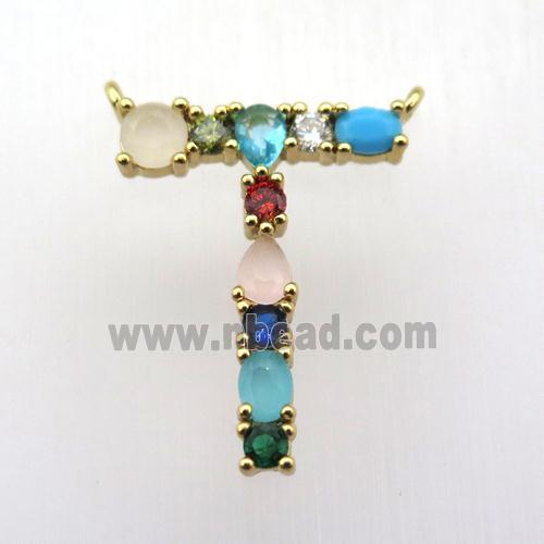 copper T-letter pendant paved zircon with 2loops, gold plated