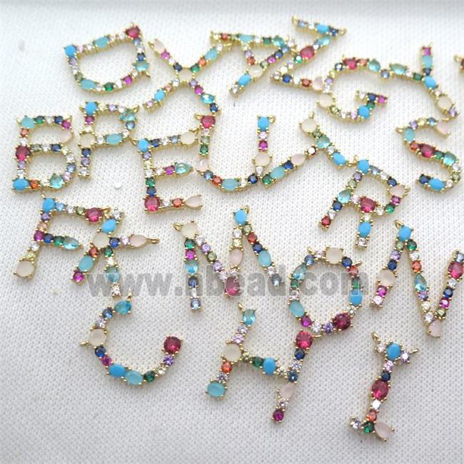 copper letter charms pendant paved zircon with 2loops, mixed alphabet, gold plated