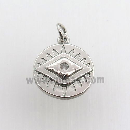 copper circle pendant paved zircon, eye, platinum plated