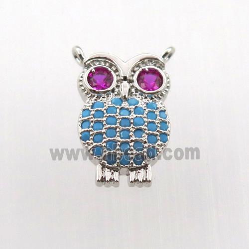 copper owl pendant paved zircon, platinum plated