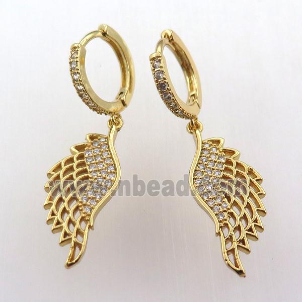 copper hoop earring pave zircon with angelwing, gold plated