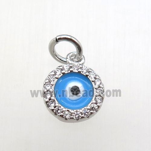 copper circle pendant paved zircon, eye, platinum plated