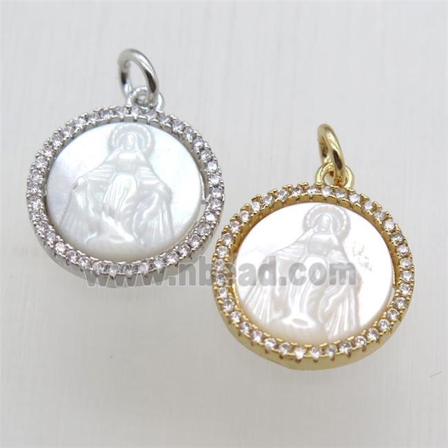 copper circle pendant paved zircon, shell Jesus, mixed color