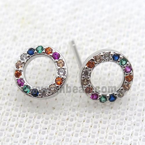 copper studs earring paved zircon, circle, platinum plated