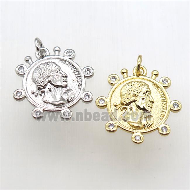 copper coin pendant pave zircon, mixed color