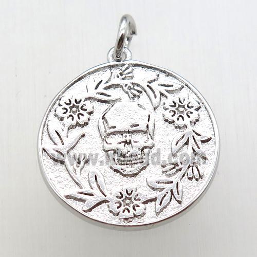copper circle pendant, skull, platinum plated