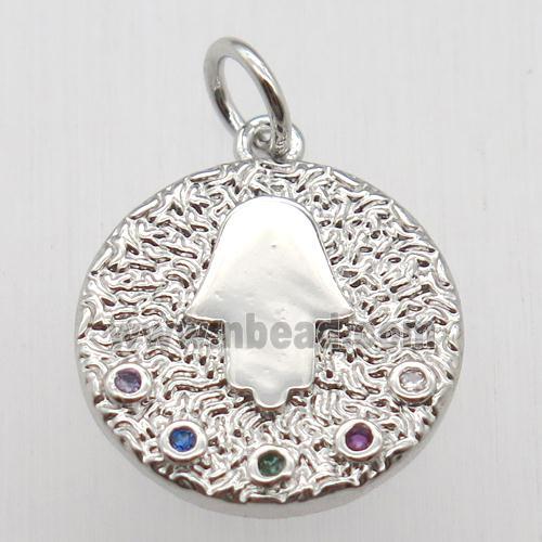 copper circle pendant pave zircon, hamsahand, platinum plated