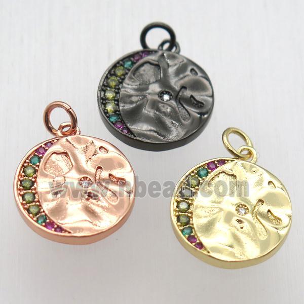 copper circle moon pendant pave zircon, mixed color