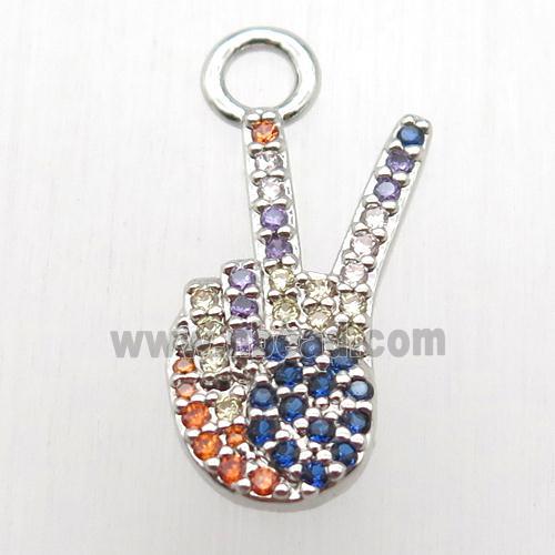 copper pendant paved zircon, win sign, platinum plated